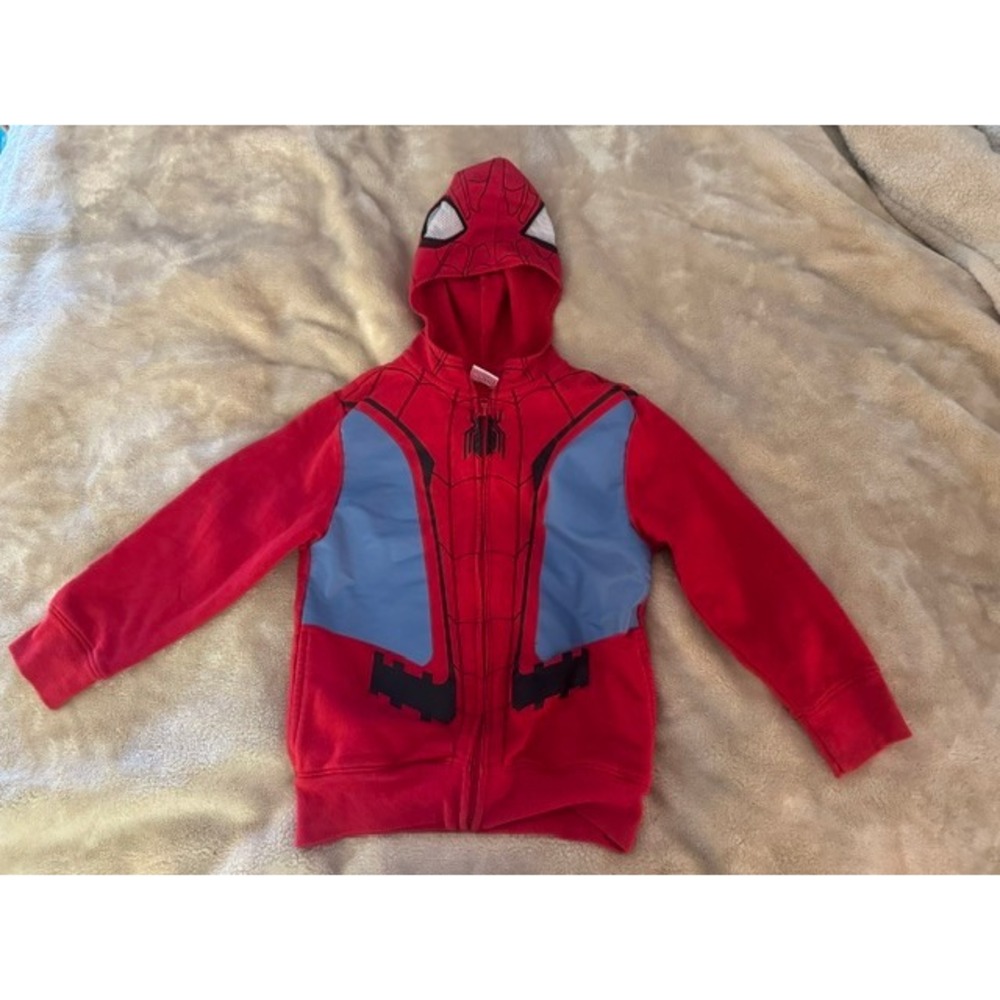 Marvel Spider-Man Costume Zip Up Hoodie Red Blue Mask Hood Boys Kids Sweatshirt